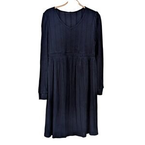 Navy Blue Ribbed Knit Empire Waist Long Sleeve V-Neck Midi Dress Pockets M NWT